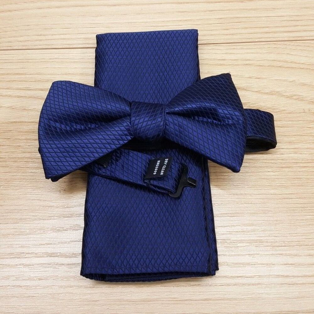 ALFANI Mens Bow Tie Solid Navy Blue Textured Pre-Tied Bowtie & Pocket Square Set